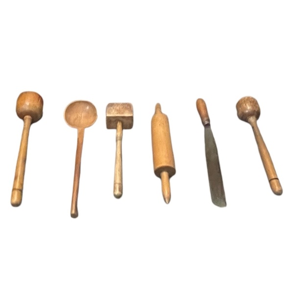 Vintage Kitchen Tall Primitive Farmhouse Decor Solid Wood Narrow Handle Utensils - Picture 1 of 14